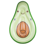 Top view of the Avocado Lounger, a green inflatable float shaped like an avocado with a smiling face and brown pit.