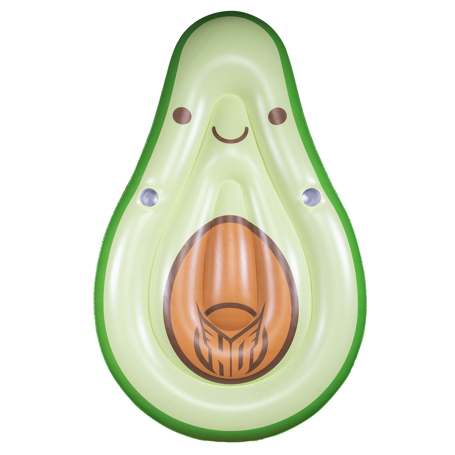 Top view of the Avocado Lounger, a green inflatable float shaped like an avocado with a smiling face and brown pit.