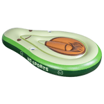 Angled view of the Avocado Lounger, a green inflatable float shaped like an avocado with a smiling face and brown pit.