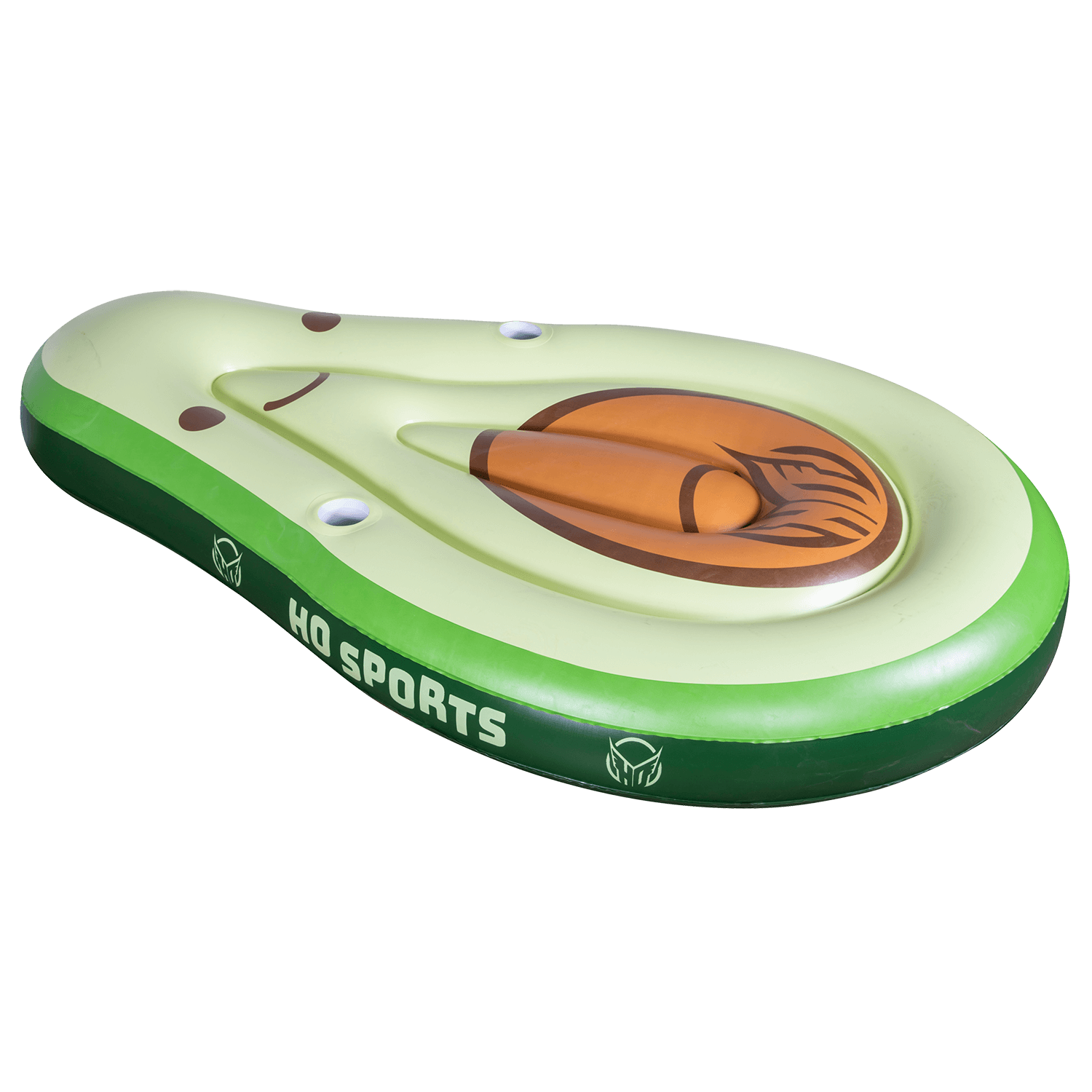 Angled view of the Avocado Lounger, a green inflatable float shaped like an avocado with a smiling face and brown pit.