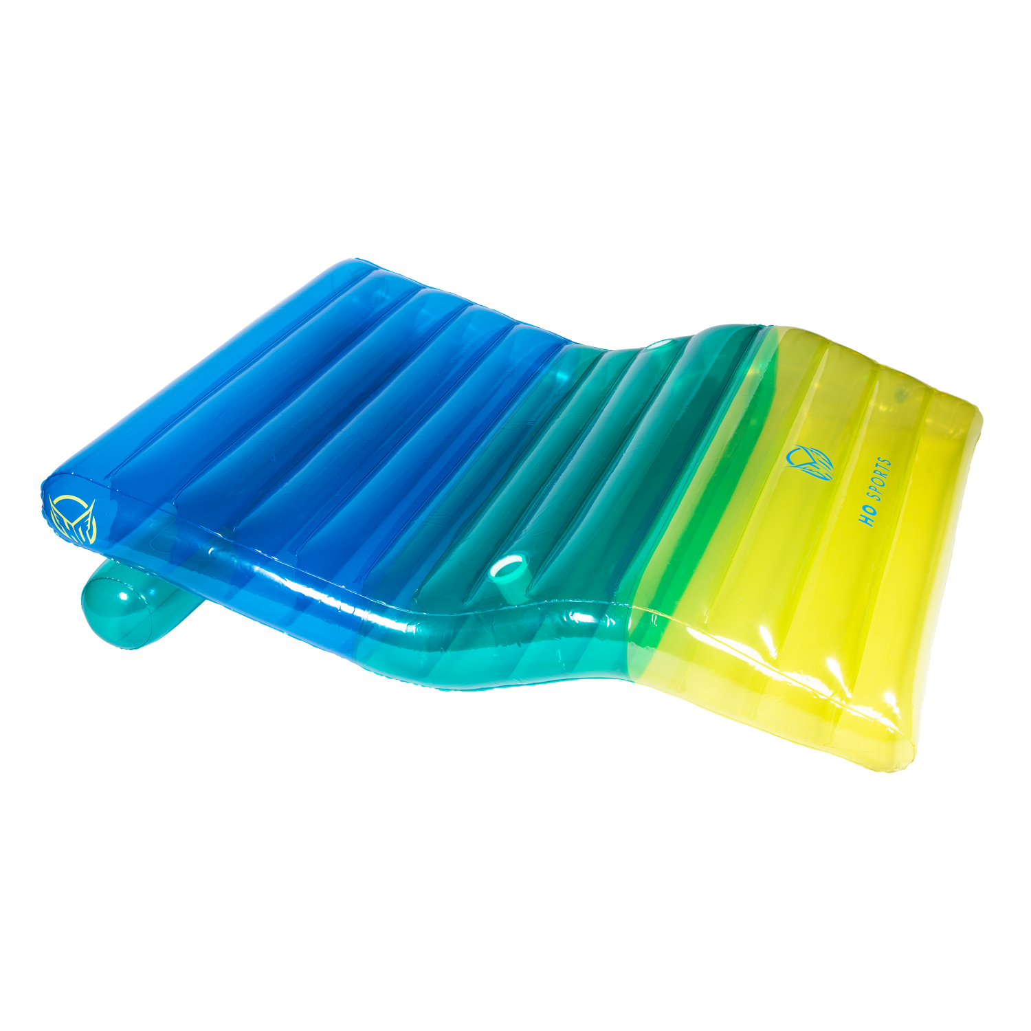 Top-angle view of the Chaise Multi-Lounger, a gradient blue, green, and yellow inflatable float with a contoured shape.