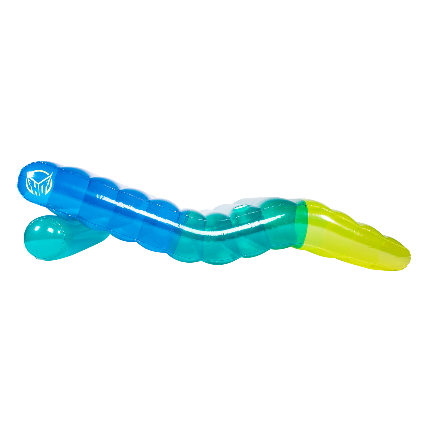 Side view of the Chaise Multi-Lounger, a gradient blue, green, and yellow inflatable lounge float with a contoured shape.