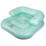 Angled view of the inflatable Lay-Z Lounge float in light green with an abstract pattern and a built-in backrest.