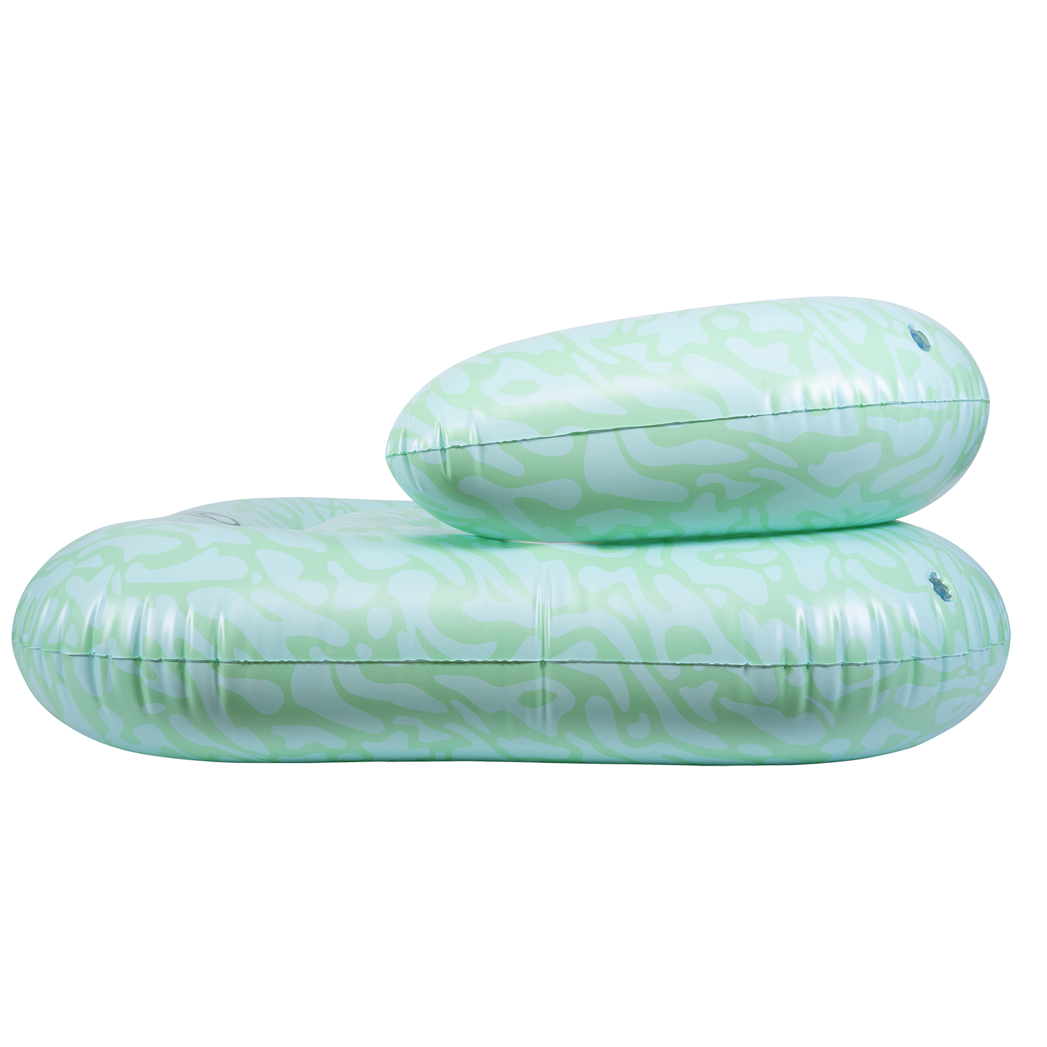 Side view of the inflatable Lay-Z Lounge float in light green with an abstract pattern and a built-in backrest.