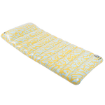 Angled view of the Lounge Mat, an inflatable float with a yellow and white abstract pattern and a cushioned design.