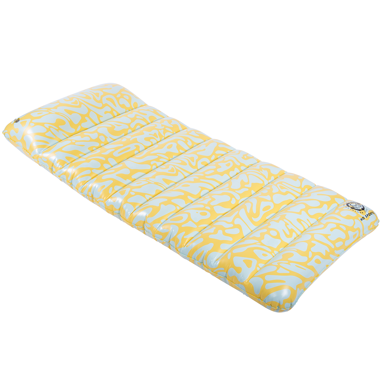 Angled view of the Lounge Mat, an inflatable float with a yellow and white abstract pattern and a cushioned design.