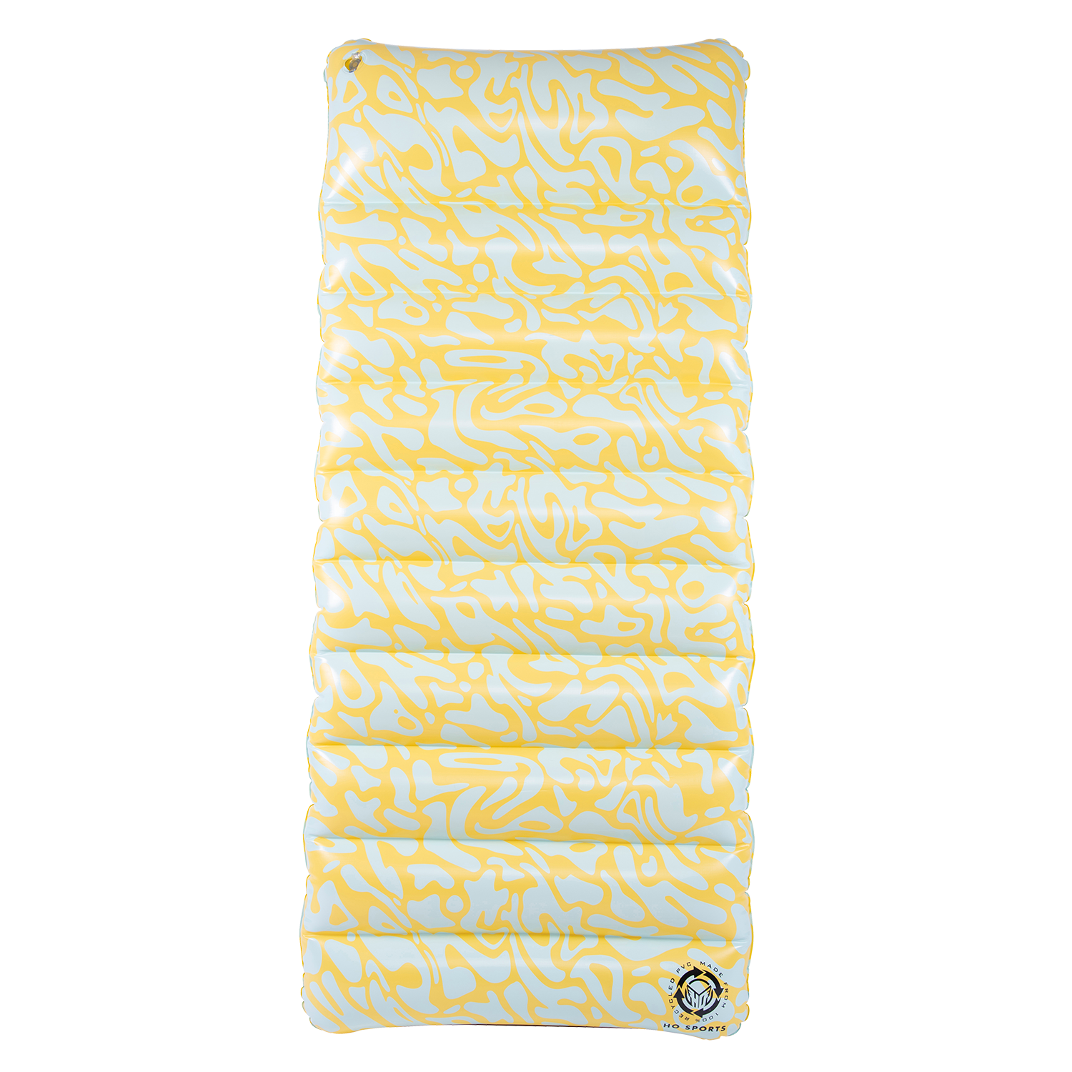 Top view of the Lounge Mat, featuring a yellow and white abstract pattern with a quilted inflatable surface.