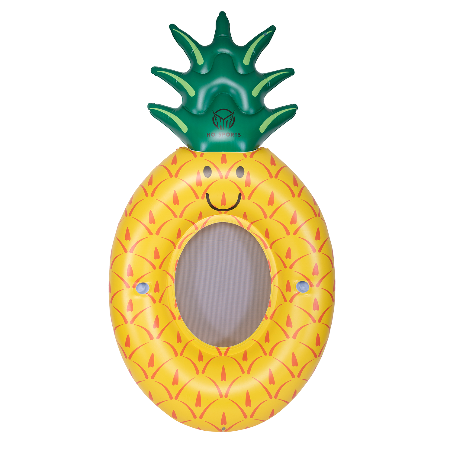 Front view of the Pineapple Float, an inflatable yellow tube with a smiling face and a green leaf top.