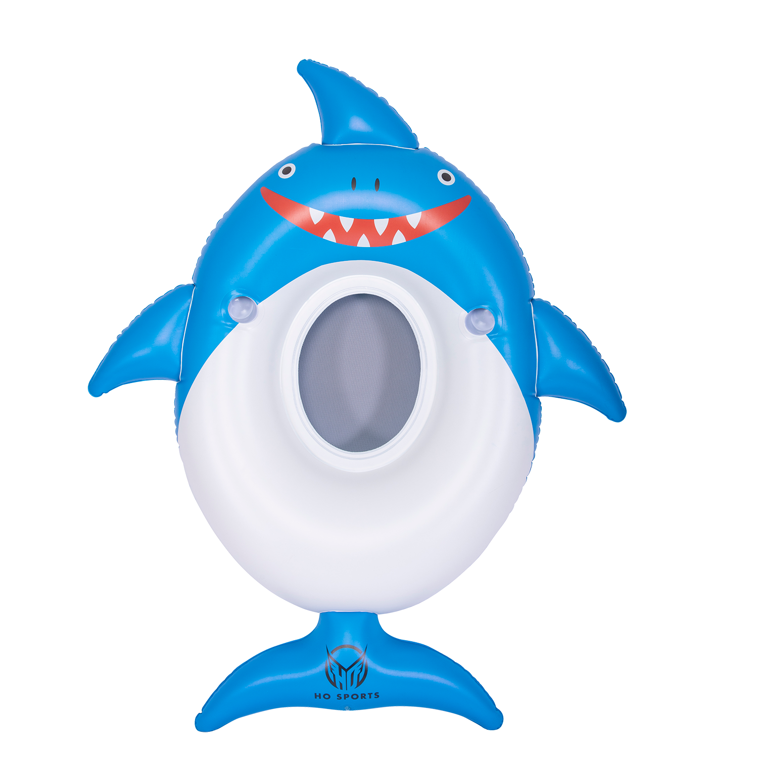 Front view of the blue and white Shark Float, featuring a smiling shark face, side fins, a tail, and a mesh center seat.