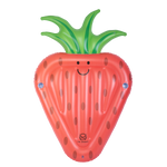 Top view of the red Strawberry Float with a smiling face, brown seeds, and green leafy top.