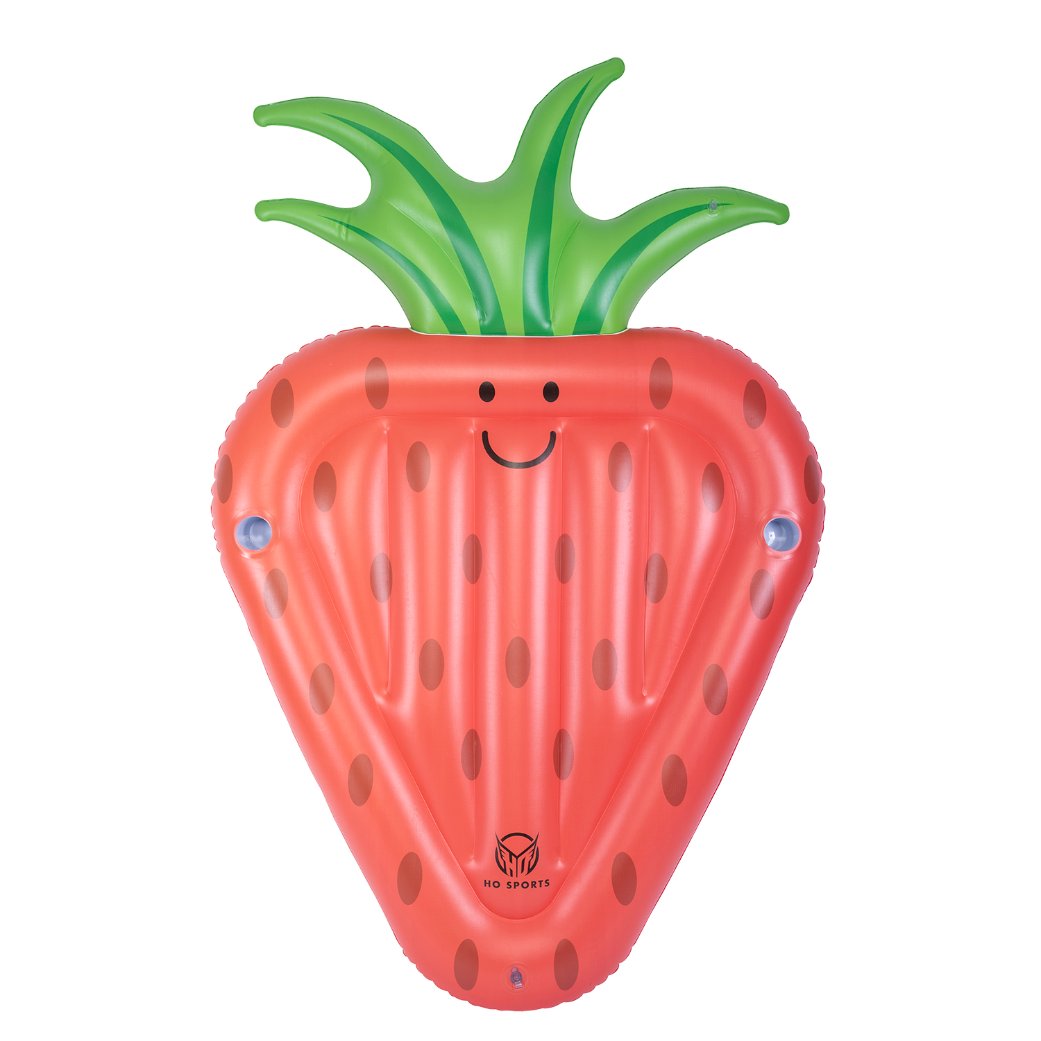 Top view of the red Strawberry Float with a smiling face, brown seeds, and green leafy top.