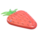 Angled view of the Strawberry Float lying flat, showcasing its inflatable shape, printed seeds, and green leafy top.