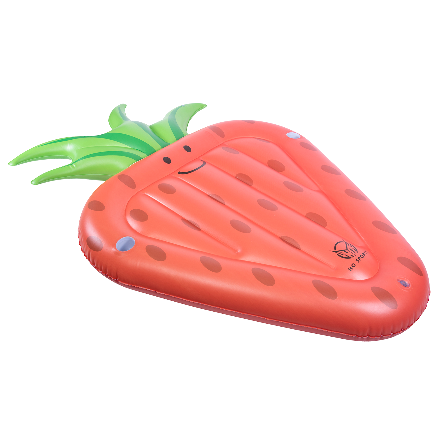 Angled view of the Strawberry Float lying flat, showcasing its inflatable shape, printed seeds, and green leafy top.