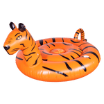 Angled view of the Tiger Float, an orange inflatable float with black tiger stripes, a raised tiger head, and a curled tail.