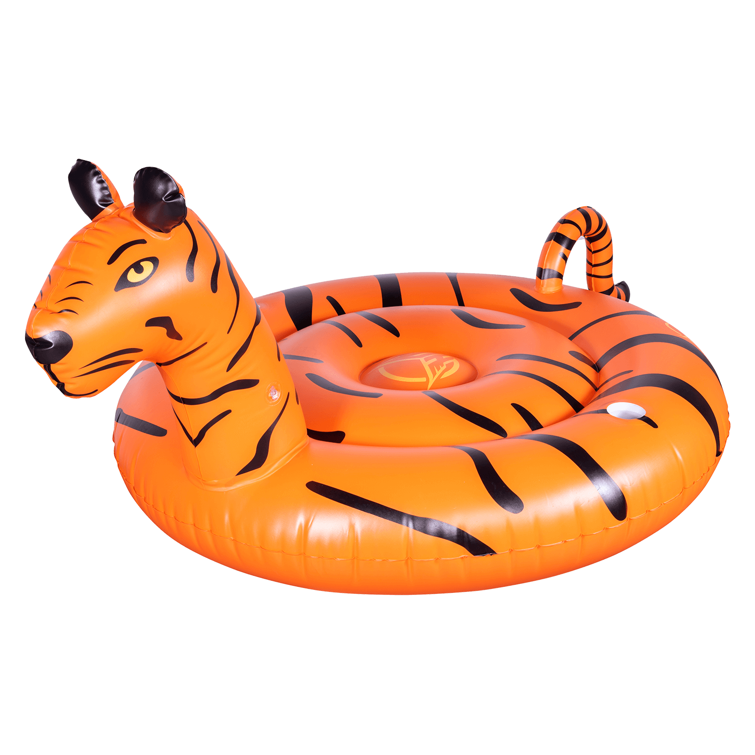 Angled view of the Tiger Float, an orange inflatable float with black tiger stripes, a raised tiger head, and a curled tail.