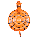 Top view of the Tiger Float, an orange inflatable float with black tiger stripes, a raised tiger head, and a curled tail.