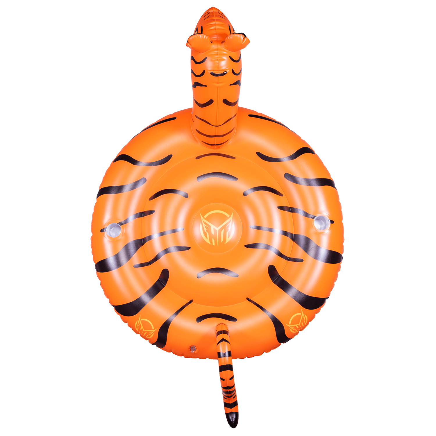 Top view of the Tiger Float, an orange inflatable float with black tiger stripes, a raised tiger head, and a curled tail.