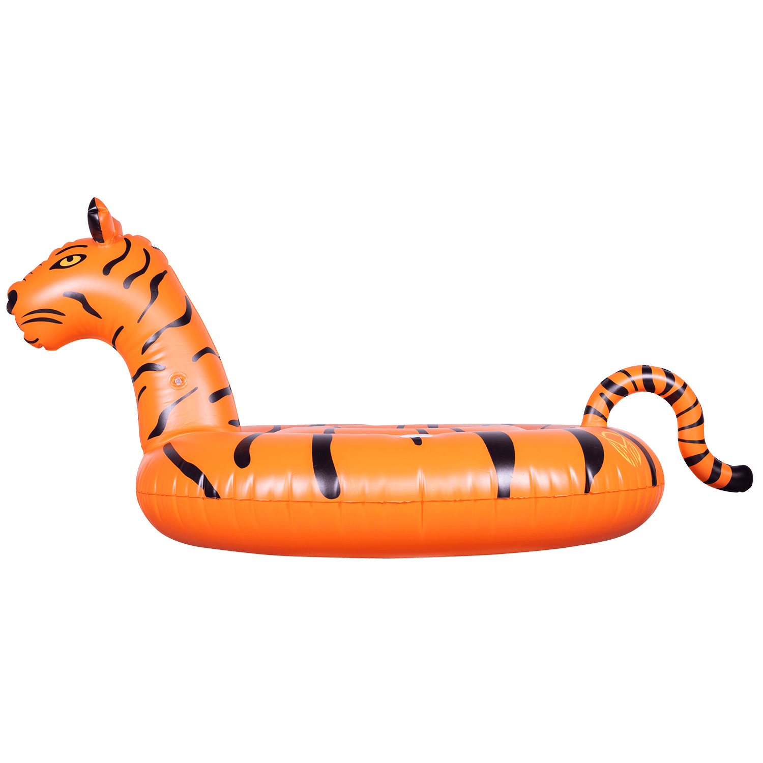 Side view of the Tiger Float, an orange inflatable tiger-shaped float with black stripes, raised head, and curved tail.