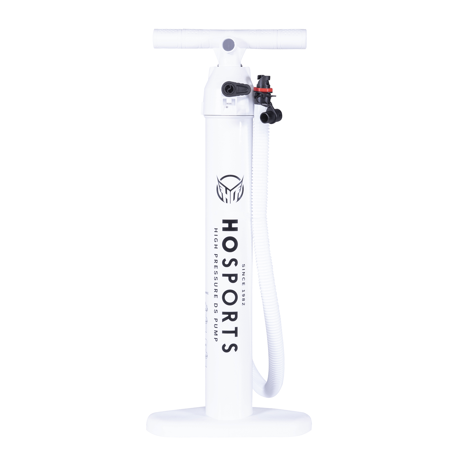 White HO Sports high-pressure hand pump with a T-handle, hose, and logo on the front.