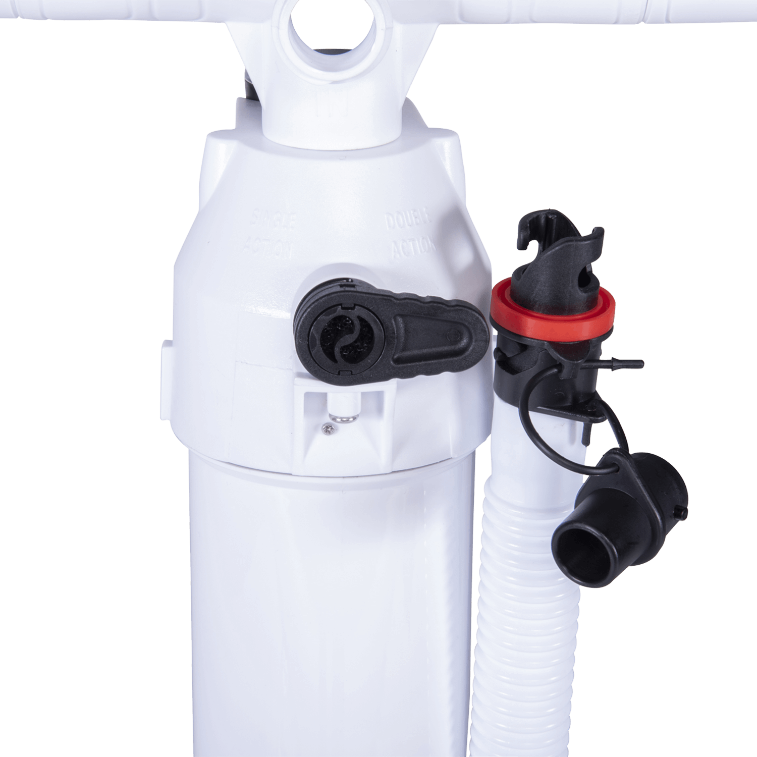 Detailed view of the pump's hose and valve attachments, secured with a red locking ring.