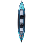 Top view of the blue Scout 15'6" Kayak, featuring dual seating, storage bungees, and cushioned footrests.