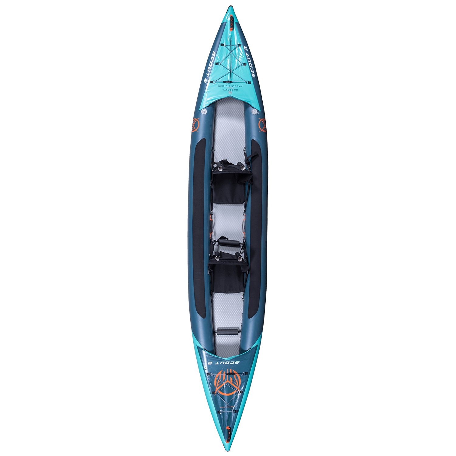 Top view of the blue Scout 15'6" Kayak, featuring dual seating, storage bungees, and cushioned footrests.