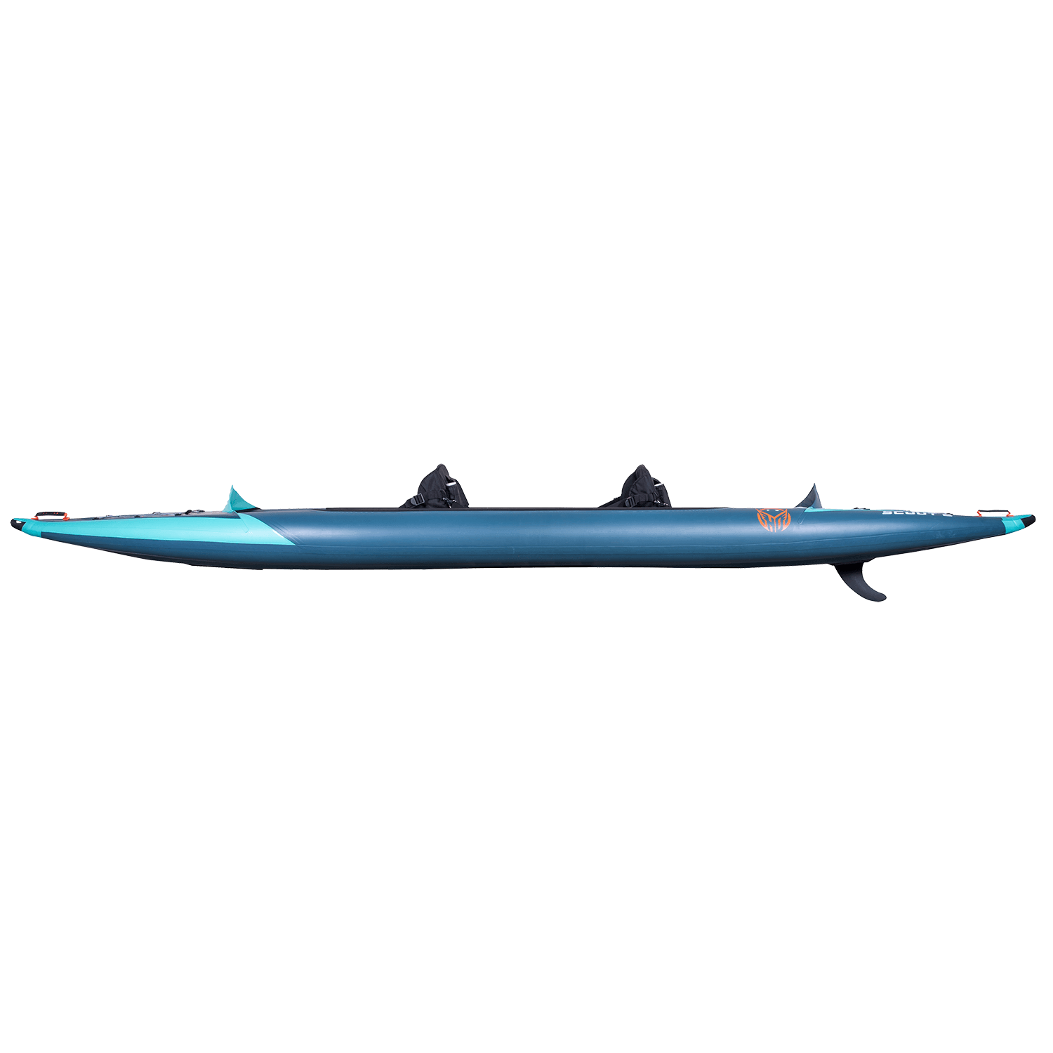 Side view of the blue Scout 15'6" Kayak, highlighting its streamlined design, stabilizing fins, and durable construction.