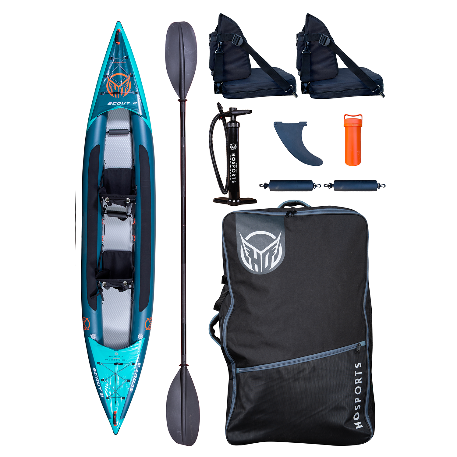 Package view of the Scout 15'6" Kayak, including paddles, pump, seats, fins, repair kit, and carrying bag.