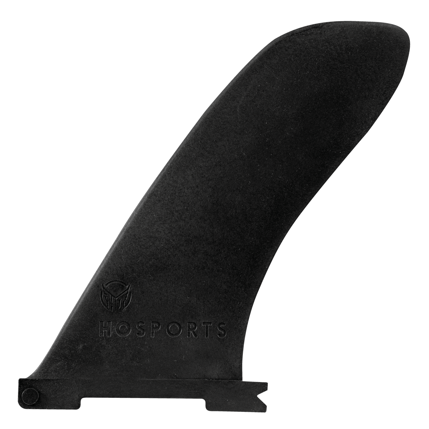 Side view of a black paddleboard fin with the HO Sports logo embossed near the base.