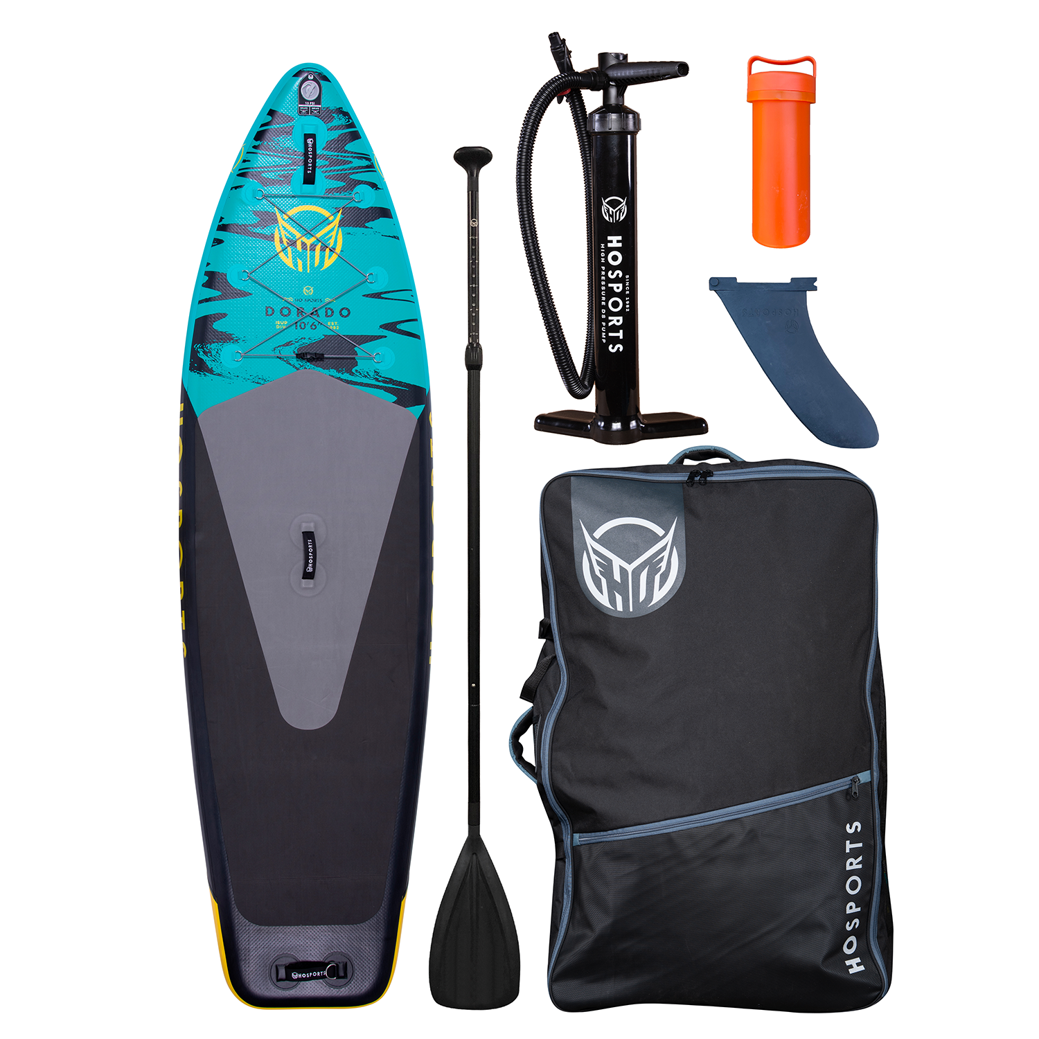 Top of the Dorado 10'6" inflatable paddleboard in a blue and gray design, with a pump, paddle, fin, dry bag, and carry case.