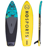 Top, bottom, and side views of the Dorado 9' iSUP, a blue, black, and yellow inflatable paddleboard with logo branding.