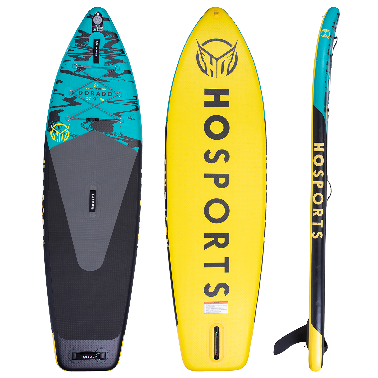 Top, bottom, and side views of the Dorado 9' iSUP, a blue, black, and yellow inflatable paddleboard with logo branding.