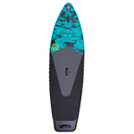 Top view of the Dorado 9' iSUP, a blue and black inflatable paddleboard with a textured deck pad and bungee storage.