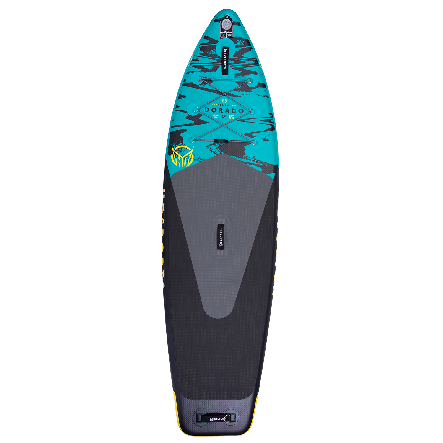 Top view of the Dorado 9' iSUP, a blue and black inflatable paddleboard with a textured deck pad and bungee storage.