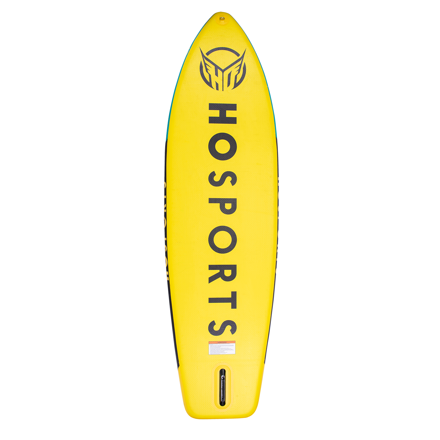 Bottom view of the Dorado 9' iSUP's yellow base featuring "HO SPORTS" branding and a center fin slot.