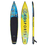 Three views of the Marlin 12'6" iSUP: top, bottom, and side, showcasing the blue deck, yellow underside, and sleek profile.