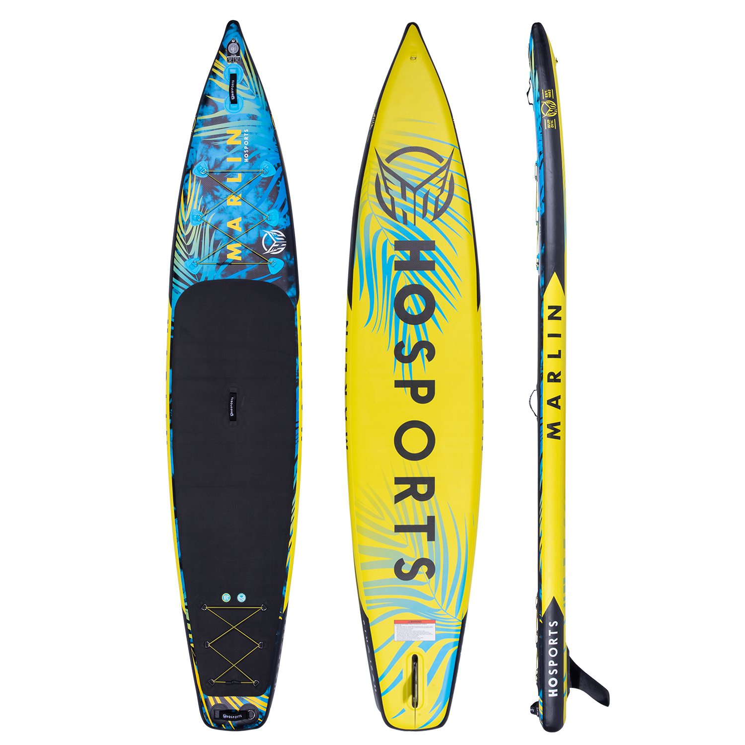 Three views of the Marlin 12'6" iSUP: top, bottom, and side, showcasing the blue deck, yellow underside, and sleek profile.