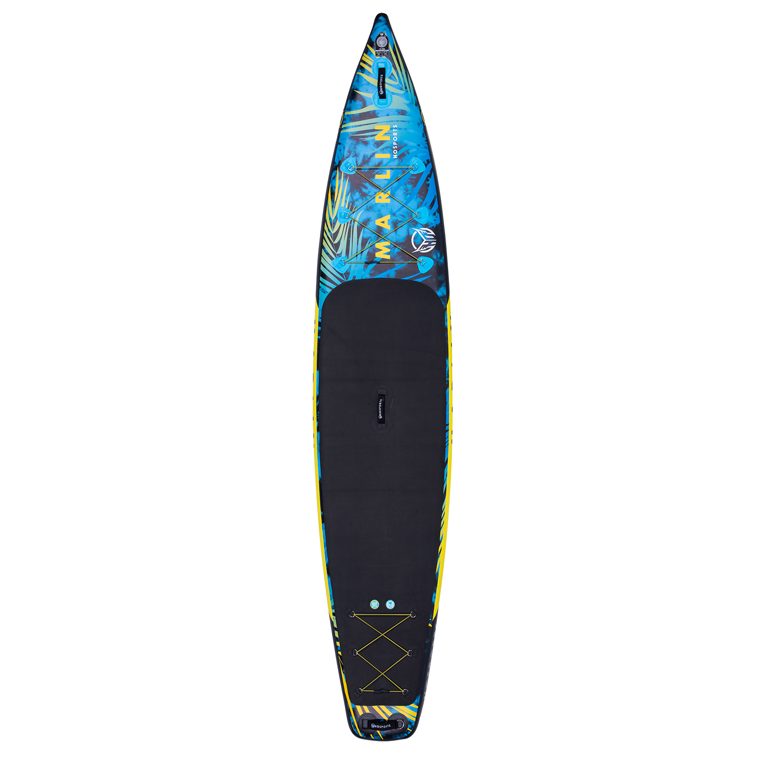 Top view of the Marlin 12'6" iSUP featuring a blue tropical design, black deck pad, and front bungee storage.