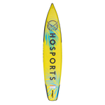 Bottom view of the Marlin 12'6" iSUP featuring a bright yellow background with blue palm graphics and HO Sports branding.