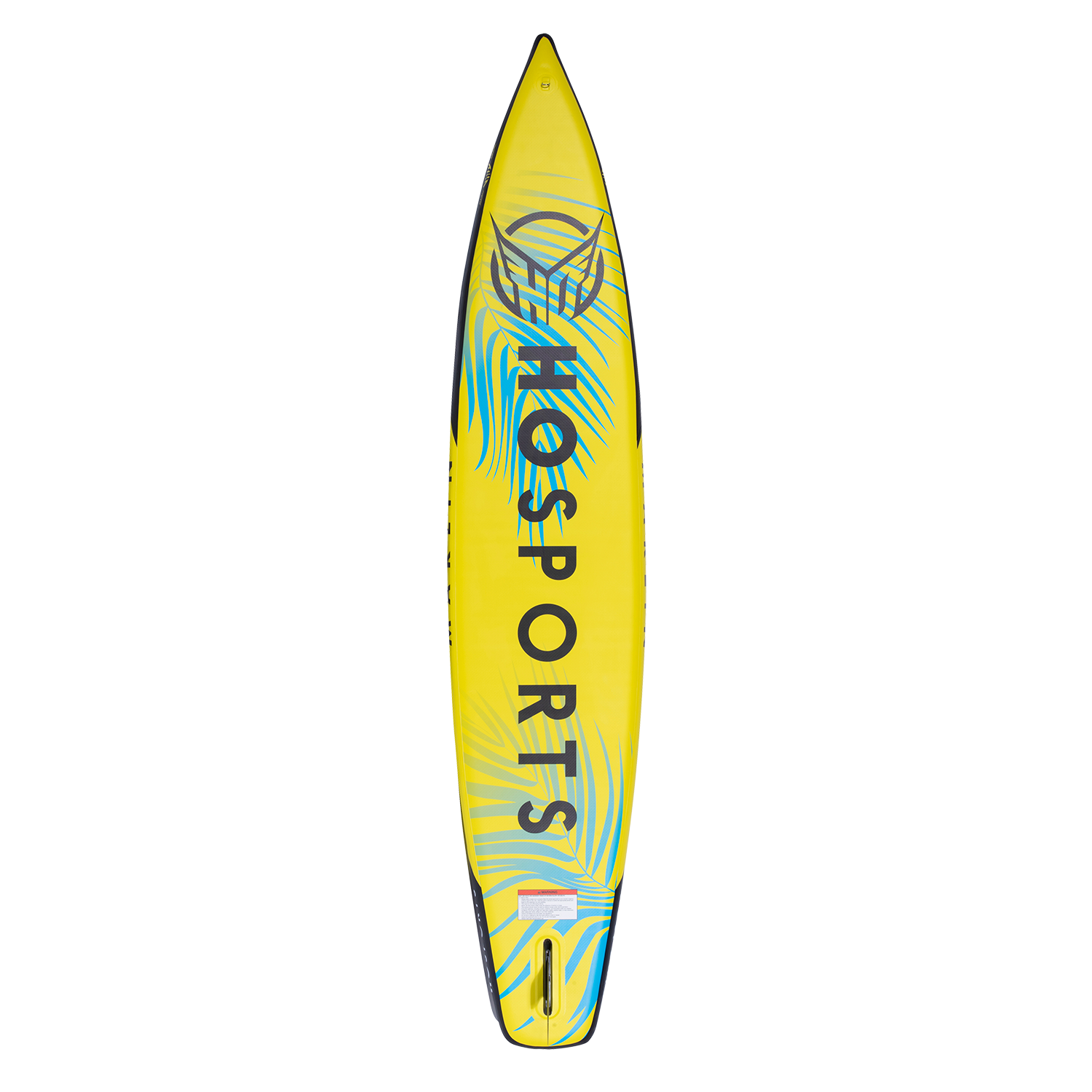 Bottom view of the Marlin 12'6" iSUP featuring a bright yellow background with blue palm graphics and HO Sports branding.