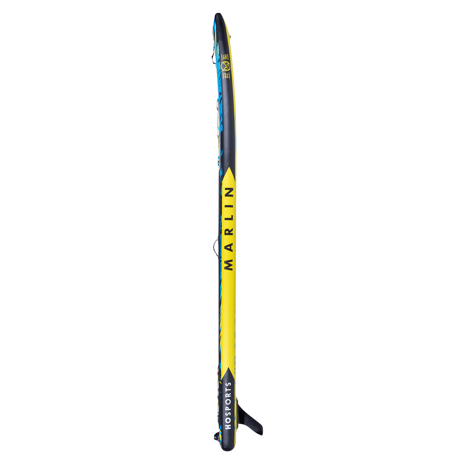 Side view of the Marlin 12'6" iSUP highlighting its streamlined shape, yellow underside, and black rail accents.