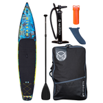 Complete Marlin 12'6" iSUP package with a blue and yellow paddleboard, black pump, paddle, fin, dry bag, and carry bag.