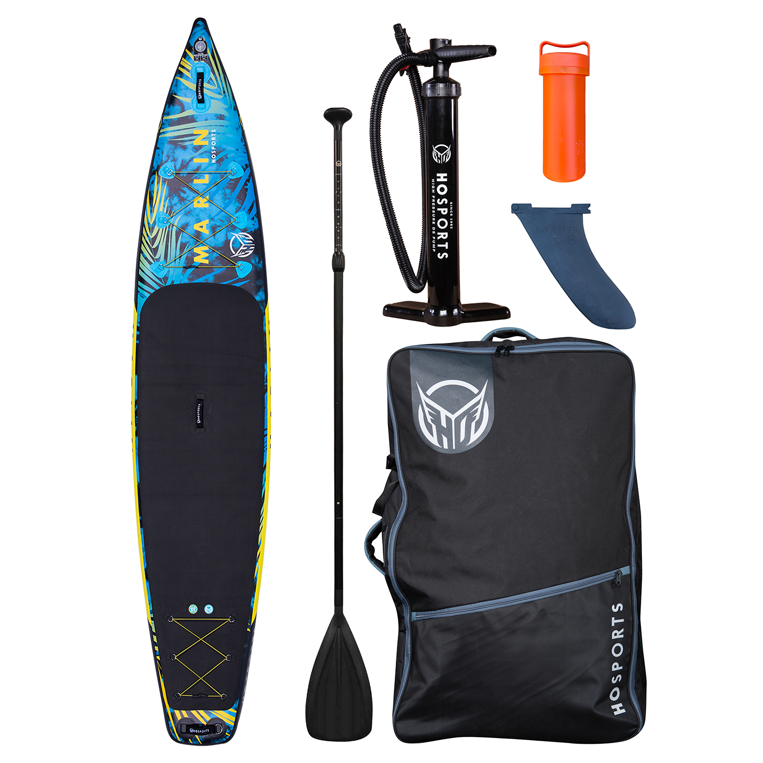 Complete Marlin 12'6" iSUP package with a blue and yellow paddleboard, black pump, paddle, fin, dry bag, and carry bag.