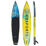 Three views of the Marlin 13'6" iSUP: top, bottom, and side, showcasing the blue deck, yellow underside, and sleek profile.