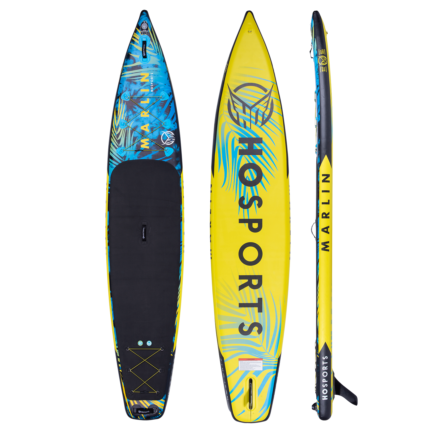 Three views of the Marlin 13'6" iSUP: top, bottom, and side, showcasing the blue deck, yellow underside, and sleek profile.