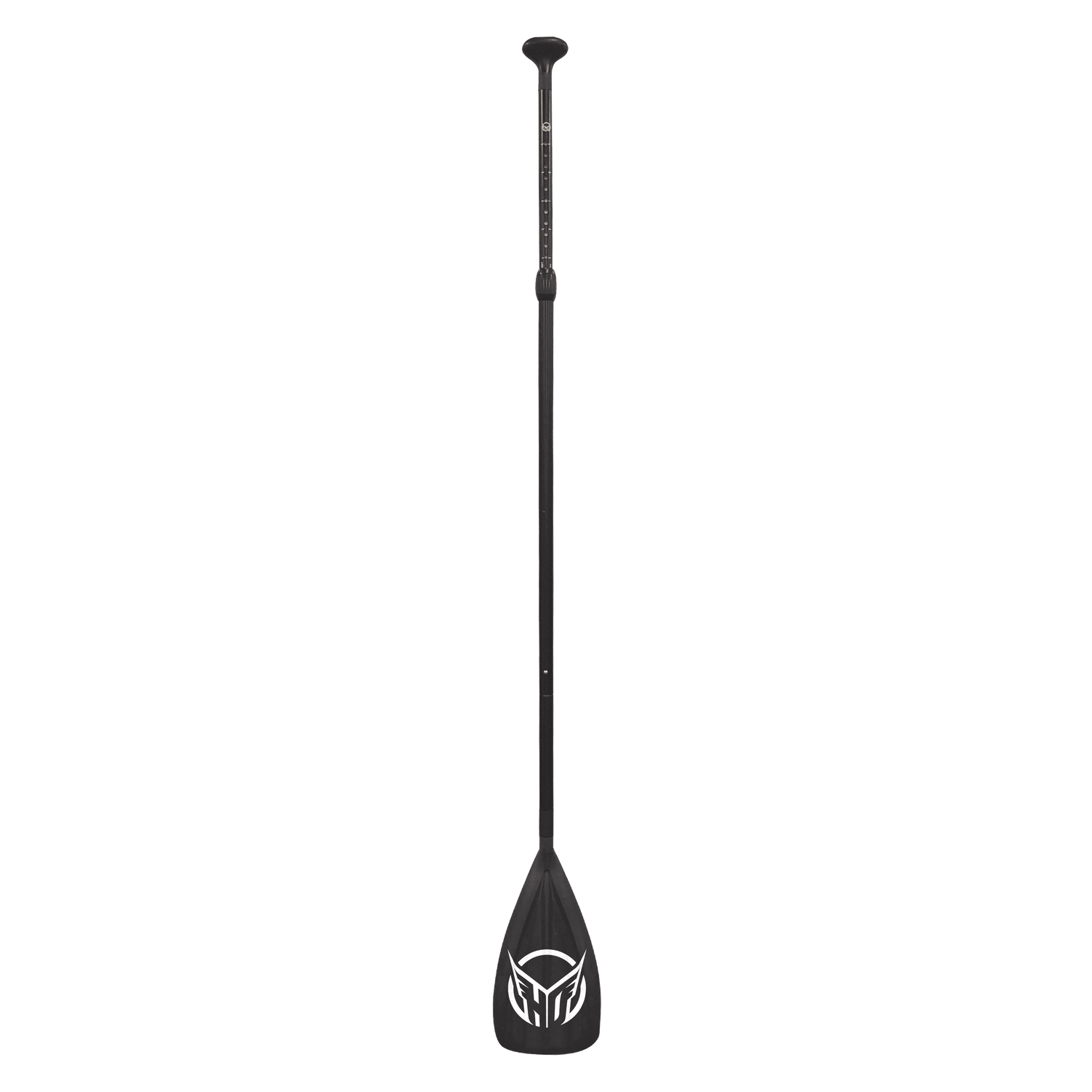 Front view of the black Strike Paddleboard Paddle, featuring an adjustable shaft and a wide blade with the HO Sports logo.