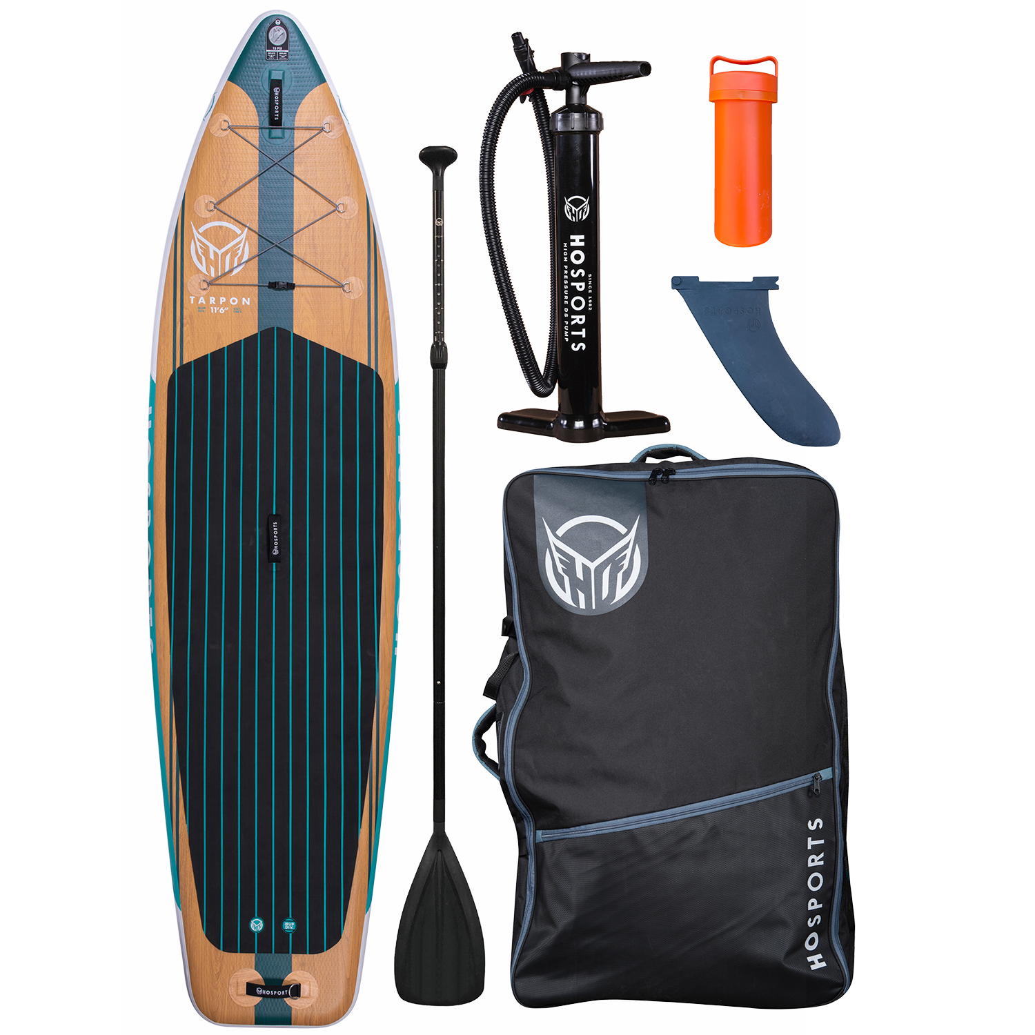 Top view of the Tarpon 11'6" iSUP package, including the board, paddle, pump, fin, carry bag, and dry storage container.