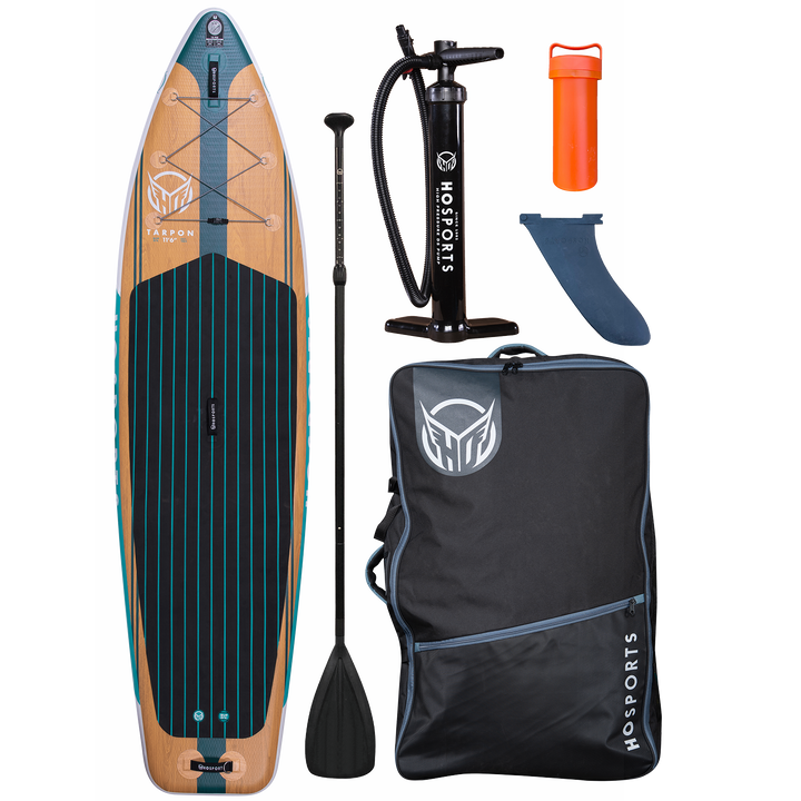 Top view of the Tarpon 10'6" iSUP package, including the board, paddle, pump, fin, carry bag, and dry storage container.