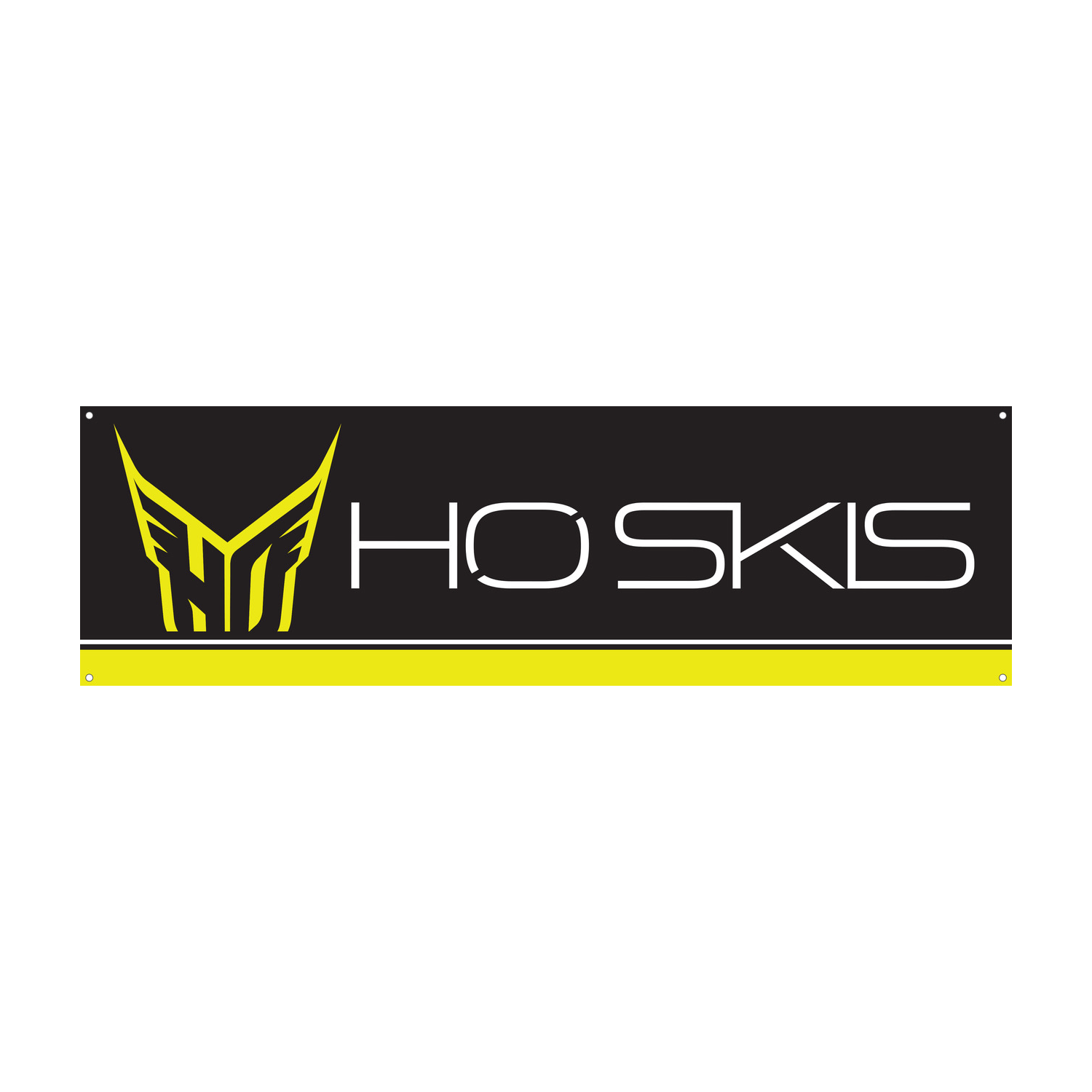 Front view of the HO Skis Banner, a black rectangular sign with a yellow and white HO Skis logo and grommeted corners.