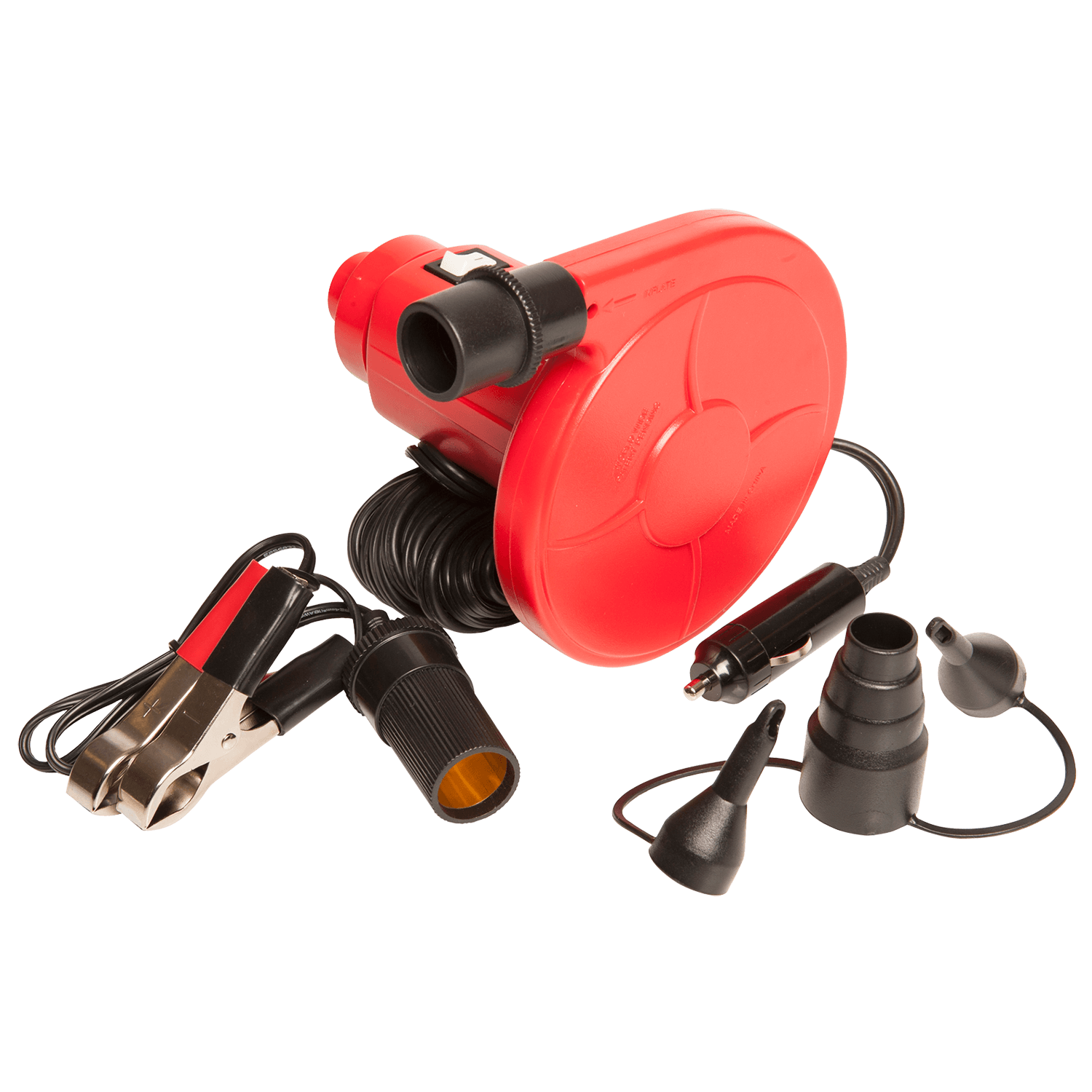 Red and black 12-volt inflator/deflator pump with a power cord, alligator clips, and multiple nozzle attachments.